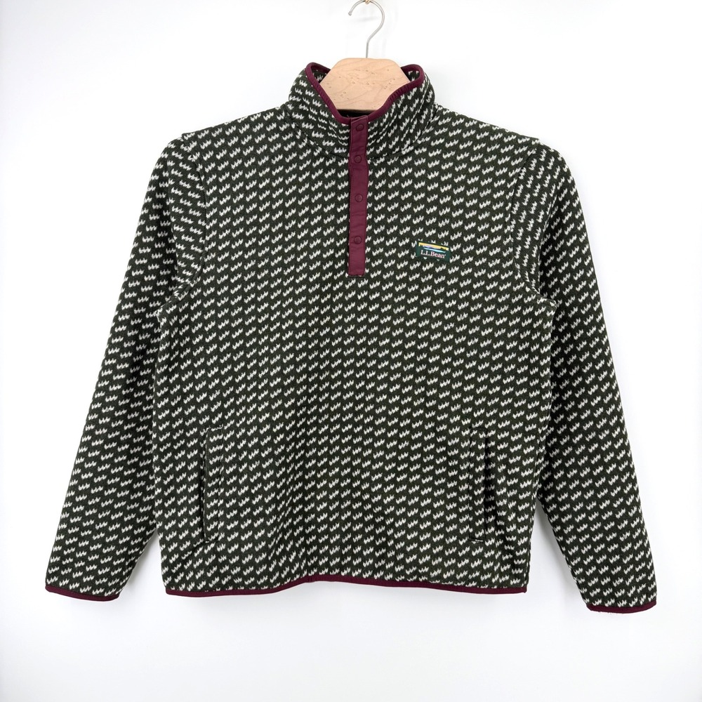 L.L.Bean Sweater Fleece Pullover Size L Polyester Green Birds Eye Gorpcore Retro